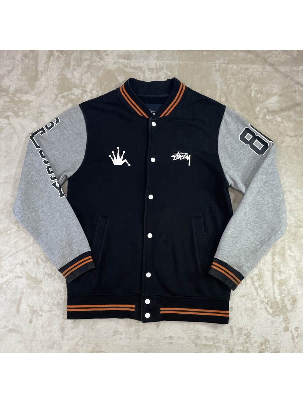 Vintage STUSSY Crown Varsity Jacket Black Gray Y2K Streetwear RARE Mens Size L